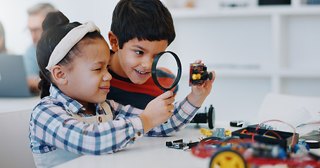 Image showing Students magnifying glass and classroom for robotics, education and learning for technology, science and school project. Kindergarten, children or thinking with kids, study and inspection research