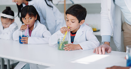 Image showing Study, science and kids in class for an experiment while learning chemistry together at school. Education, laboratory and innovation with student children in a classroom for growth or development