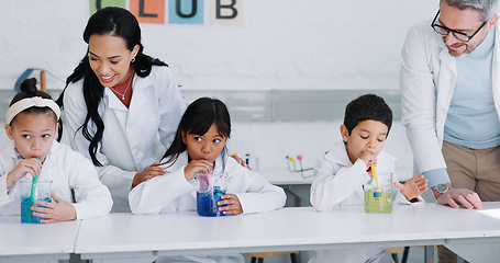 Image showing Education, science and kids in class for an experiment while learning chemistry together at school. Study, laboratory and innovation with student children in a classroom for growth or development