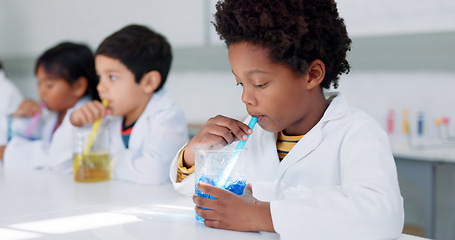 Image showing Education, science and kids in a classroom for an experiment while learning chemistry together at school. Study, laboratory and innovation with student children in class for growth or development