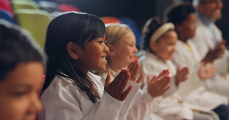 Image showing Students, applause and children with science, experiment and excited with happiness, learning and teaching. Youth, group and kids with joy, clapping and education with knowledge, chemistry and smile