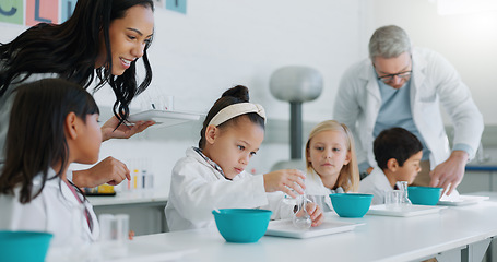 Image showing Science, chemistry and children in class with their teachers for learning or to study. Students, school and scholarship with kids in a laboratory for an experiment of chemical reaction for education