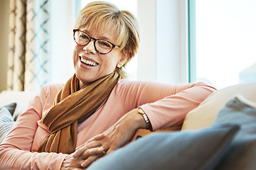 Image showing Portrait, laugh or mature woman on couch to relax with happiness on living room sofa at home. Funny, happy or senior person with smile, peace or wellness in retirement, lounge or house for resting