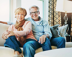 Image showing Relax, happy and portrait of mature couple on sofa for bonding, healthy relationship and marriage. Retirement, home and senior man and woman on couch for love, commitment and happiness in living room