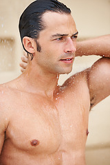 Image showing Shower, beauty and man with water for cleaning, washing hair and grooming for healthy skin. Satisfaction, spa treatment and person with splash for hygiene, wellness and skincare hydration and cleanse