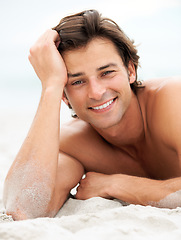 Image showing Man, portrait and beach relax in sand holiday summer break, vacation fun or sea smile. Male person, happy or peace at ocean for fresh air tourism or travel destination, confident or tropical sunshine