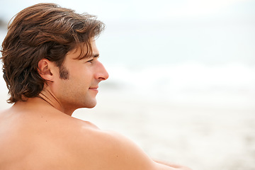 Image showing Man, thinking and sitting on beach sand relax for ocean summer air, vacation peace or sunshine travel. Male person, profile and thoughts or calm sea rest or water waves, outdoor or tropical island