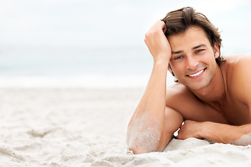 Image showing Man, smile and portrait beach sand or relax summer holiday, vacation fun or sea calm. Male person, happy and peace at ocean for fresh air tourism or travel destination, confident or tropical sunshine