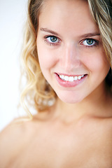 Image showing Portrait, natural beauty and skincare of happy woman for dermatology or cosmetic. Face, blonde girl and smile of model for aesthetic, facial skin health and wellness isolated on a white background