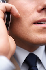 Image showing Phone call, mouth and a business man talking closeup for communication, networking or negotiation. Hand, mobile and conversation with a corporate employee chatting or speaking on a smartphone