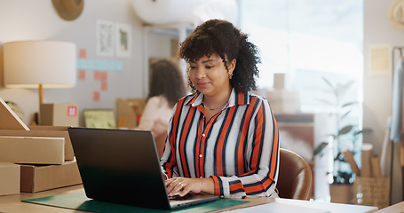 Image showing Small business, research and happy woman with laptop in office for logistics, sales or ecommerce. Supply chain, face and female store owner online for communication, cargo or retail stock procurement