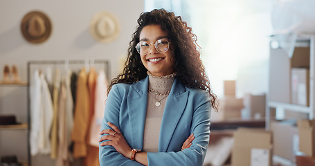 Image showing Portrait, happy woman and fashion designer with arms crossed in clothes store or startup. Confidence, face of tailor and business professional, entrepreneur and creative worker in glasses in Brazil