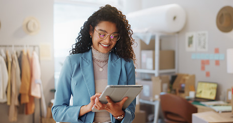 Image showing Ecommerce, boxes and woman with a tablet, business and smile with connection, internet and delivery. Face, person and employee with tech, shipping and company website with online order or digital app