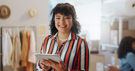 Image showing Portrait, boxes and woman with a tablet, ecommerce and smile with connection, internet and delivery. App, person or employee with tech, shipping and company website with online order or supply chain