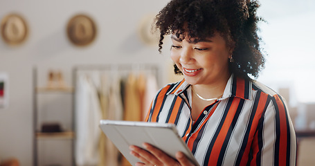 Image showing Startup, boxes and woman with a tablet, business and smile with connection, internet or delivery with sales. Internet, person or employee with ecommerce, shipping or company website with online order