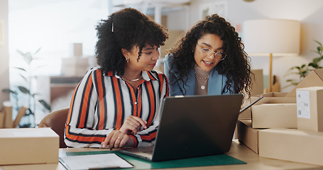 Image showing Business people, laptop and boxes in team planning, logistics or small business together at office. Woman in teamwork with computer in supply chain, schedule plan or customer service at retail store