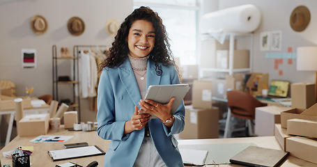 Image showing Portrait, boxes and woman with a tablet, ecommerce and smile with connection, internet and delivery with company website. Face, person or employee with technology, shipping or online order with sales