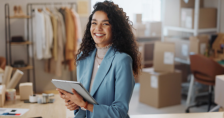 Image showing Happy woman, fashion designer and tablet in small business, supply chain or logistics at boutique. Portrait of female person or entrepreneur with technology in ecommerce or shipping at retail store