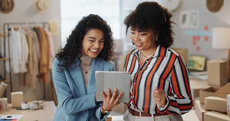 Image showing Happy woman, fashion designer and tablet in teamwork, research or planning for small business at boutique. Female person or team smile with technology in supply chain, distribution or courier service