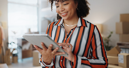 Image showing Businesswoman, smile and tablet in office for logistics, communication or email with warehouse. Fashion designer, distribution and parcel for customer order by transport, shipping or distribution