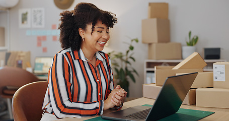 Image showing Boxes, excited and woman with a laptop, ecommerce and online reading with website information, smile and startup. Happy person, entrepreneur and business owner with a pc, achievement and happiness