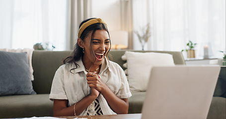 Image showing Woman, excited and winning with laptop in home living room on floor with smile, success and profit on stock market. Trader girl, investor or entrepreneur with computer for goals, bonus and revenue
