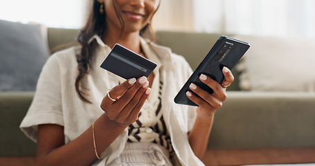 Image showing Happy woman, hands and phone with credit card for online shopping, payment or transaction in living room at home. Closeup of female person or shopper on mobile smartphone with debit for ecommerce