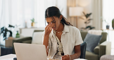 Image showing Woman, headache and work from home stress on laptop for marketing mistake, copywriting fail or online report. Young freelancer with pain, fatigue or health risk for social media deadline on computer