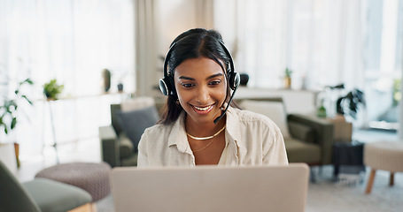 Image showing Happy woman, call center and headphones on laptop in customer service, support or telemarketing at home office. Face of female person, consultant or freelance agent in remote work for online advice