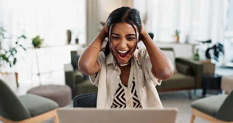 Image showing Excited woman, laptop and surprise for winning, bonus promotion or good news at home office. Shocked female person or freelancer smile in wow or omg for lottery, prize or sale discount on promo deal