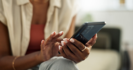 Image showing Woman, hands and phone for typing in home, reading social media notification or update online subscription. Closeup, smartphone app or download mobile games, search digital network or chat to contact