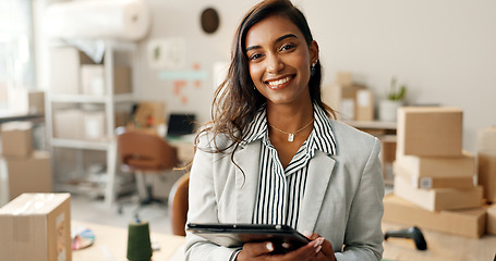 Image showing Woman, tablet and happy portrait in office at work, package company and supply chain by logistics expert. Manager, face and business with professional in e commerce career, shipping and job success