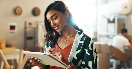 Image showing Businesswoman, tablet and smile for startup, ecommerce and online marketing. Woman, technology and website for design company, work and inventory check for supply chain, manager and strategy plan