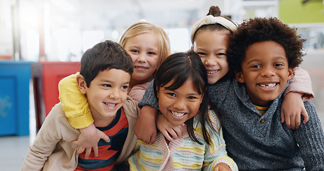 Image showing Portrait, group and kids with smile at school for education, learning and knowledge with hug. Student, children or face with happiness in classroom for study, scholarship or childhood development