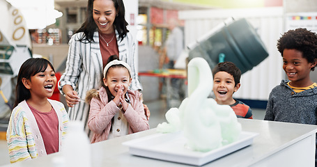 Image showing Experiment, teacher and students with science, excited and learning with chemical reaction, smile and happiness. Chemistry, educator or woman with children, kids or teaching with school or laboratory