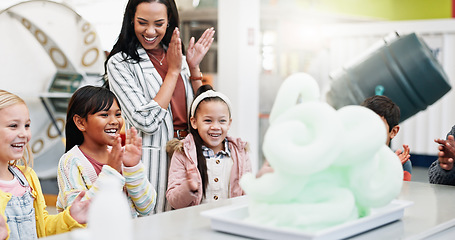 Image showing Clapping, teacher and students with science, education or excited with celebration, smile or learning. Chemistry, educator or woman with children, kids or teaching with school, applause or laboratory