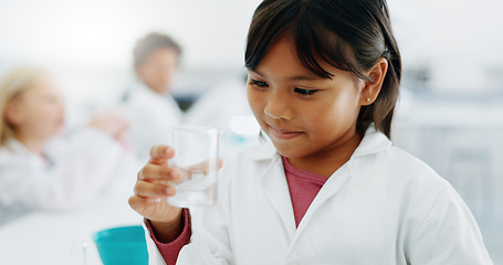 Image showing Experiment, science and girl with chemical and classroom or lab project with learning and education. Smile, children and school work with study, chemistry and child student with research knowledge