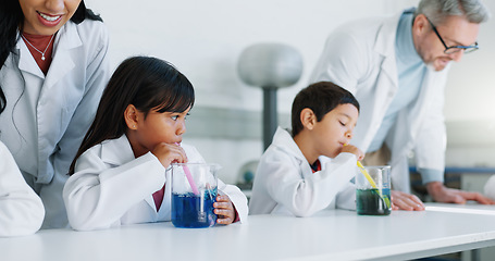 Image showing School kids, experiment and class for science, learning or teacher with info, guide and knowledge in lab. Children, boy and girl with chemistry, container and scholarship for innovation with gas