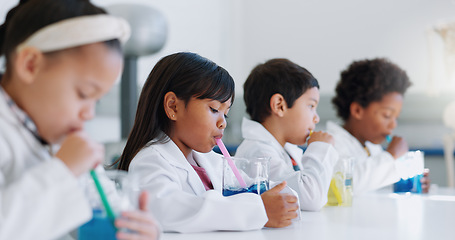 Image showing School kids, experiment and liquid for science, learning and classroom for gas, idea and knowledge in lab. Children, boy and girl with studying, container or scholarship for innovation with straw