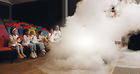 Image showing Chemistry, science education and smoke with students and classroom with biotechnology and physics test. Scientist, chemical reaction and solution with research and school field trip of kids in class