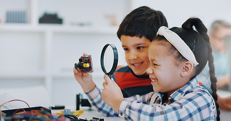 Image showing Children, magnifying glass and school for robotics, teamwork and learning for technology, science and education. Childhood, students or innovation with kids, studying or inspection project research