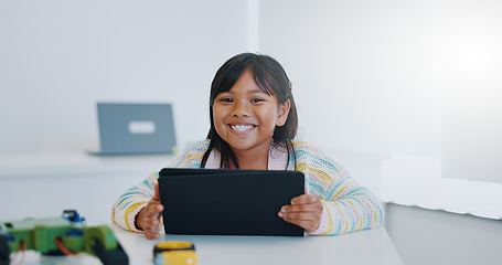 Image showing Smile, portrait and child in classroom with tablet, education and learning science with website. School, internet and face of happy girl with digital app for robotics, online research and technology.