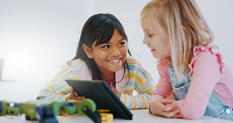 Image showing Children, learning and tablet in robotics classroom for engineering, science and technology education. School, teamwork and girls online together with elearning game, problem solving or research