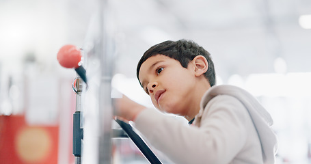 Image showing Playing, education and a child in a lab for science, atom research and studying molecules. Thinking, future and a boy, kid or student learning about dna in a classroom or development in a workshop