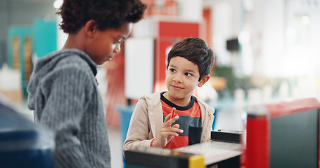 Image showing Young students, classroom and science equipment for education, experiment and learning with toys. Boy, academy and collaboration at problem solving with discussion, school and listening to knowledge