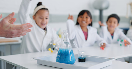 Image showing School kids, science and raised hand in class for learning, question and happy for experiment with knowledge. Children, boy and girl with education, container and scholarship for innovation in lab