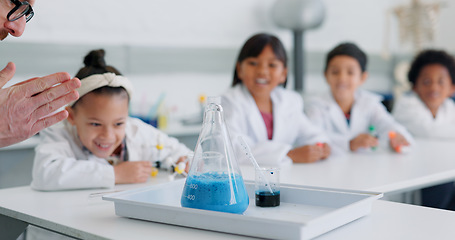 Image showing School kids, science and teacher with beaker in class for learning, information or experiment for knowledge. Children, boy and girl with education, mentor or scholarship for innovation in laboratory