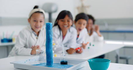 Image showing Experiment, science class and reaction with chemical and classroom project with learning and education. Excited, children and school work with study, chemistry and student with research knowledge