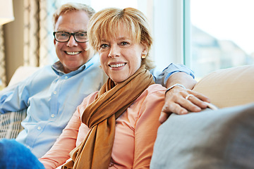 Image showing Relax, smile and portrait of mature couple on sofa for bonding, healthy relationship and marriage. Retirement, home and senior man and woman on couch for love, commitment and happiness in living room