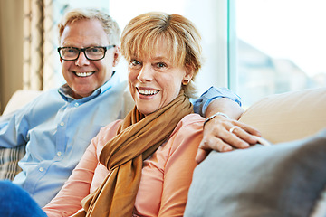 Image showing Relax, sofa and portrait of mature couple for bonding, healthy relationship and marriage. Retirement, home and happy senior man and woman on couch for love, commitment and happiness in living room